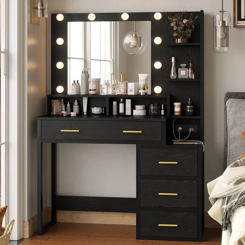 

Makeup Vanity with Lights, Vanity Desk with Mirror & 3 Lighting Modes, Vanity Table with USB Ports and Outlets, Makeup Table