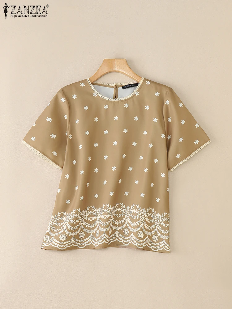 

ZANZEA Summer 2025 Lace Trim Women Blouses Casual O-Neck Short Sleeve Floral Printed Blusas Mujer Vintage Fashion Day Wear Tops