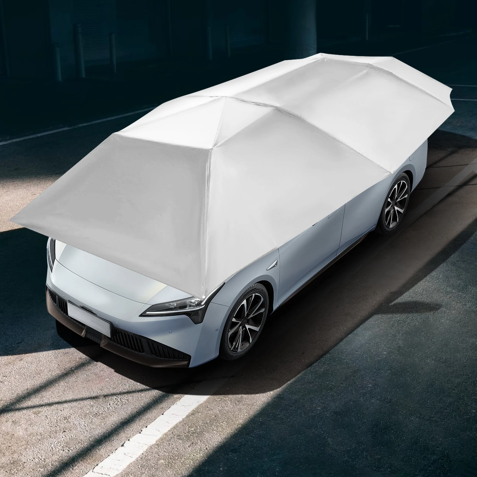

Полуавтоматический автомобильный тент 4.2M для защиты от солнца/дождя, складной портативный навес для автомобиля, серебристо-серый/темно-синий