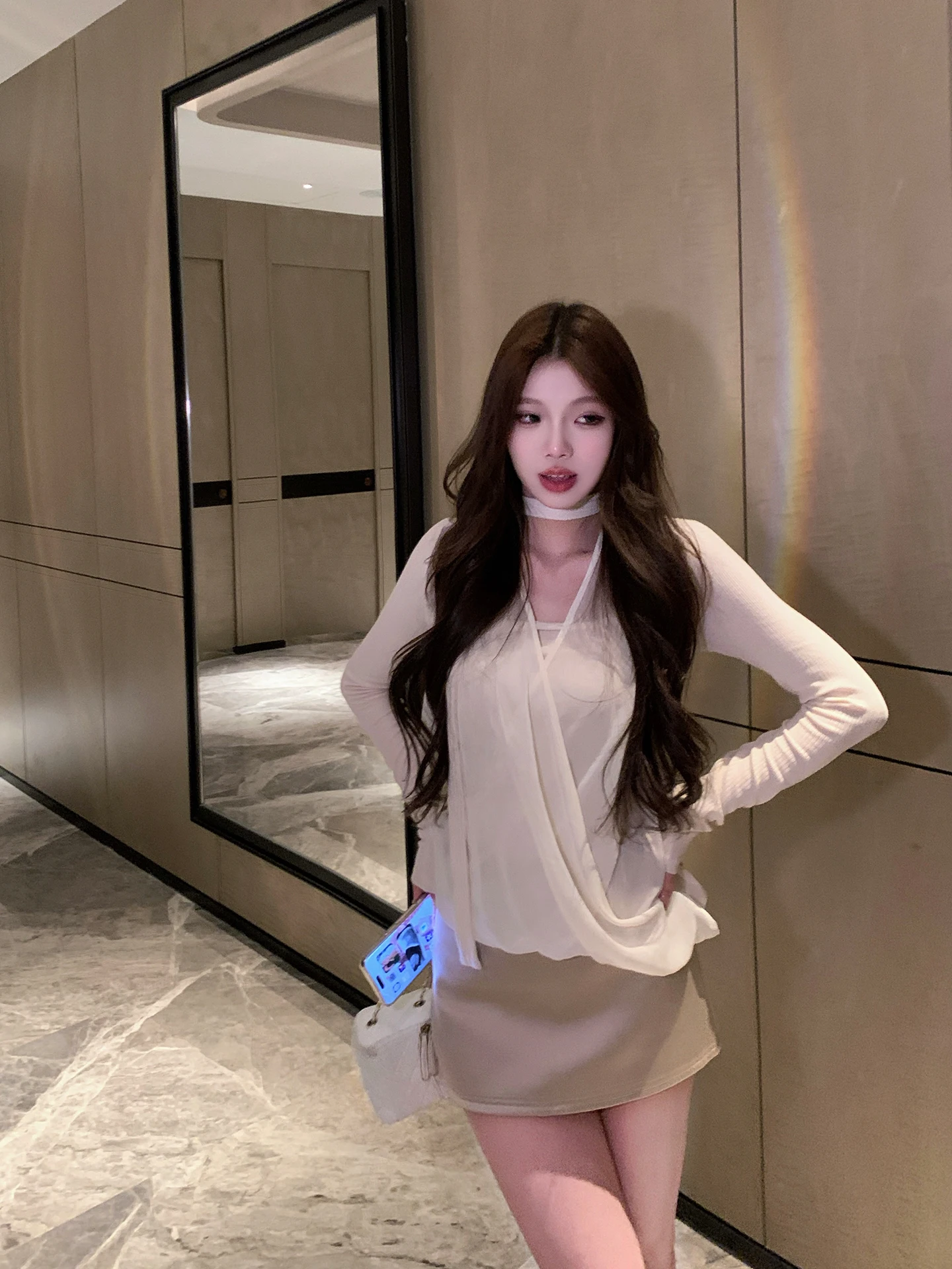 

EU Velvet Ne Hanging Top Women's Knitted Me Fake Two-Piece Design Sensation Drapey Fold Daily Wear Regular Fit Long Sl...