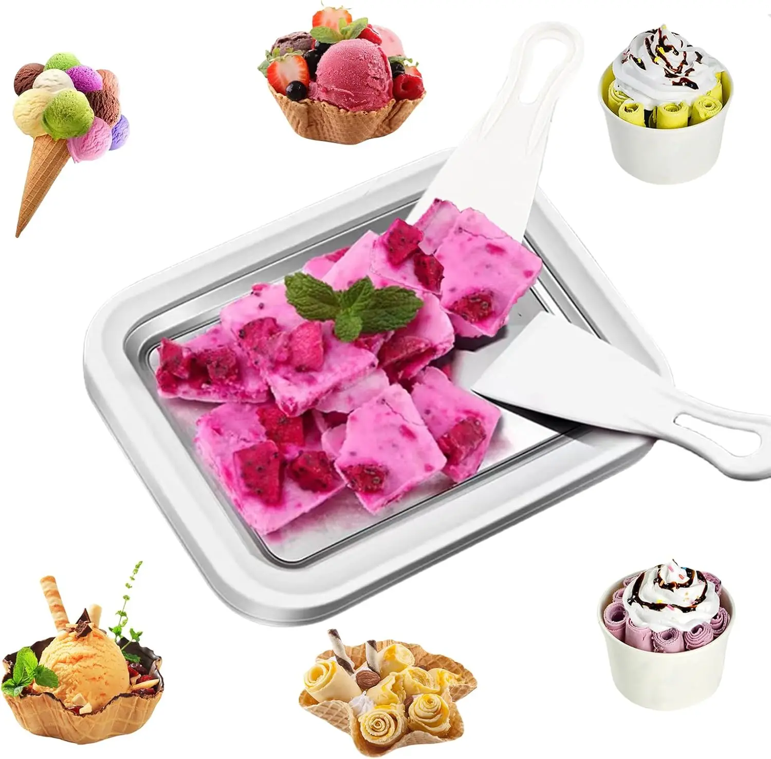 Household Ice Cream Maker Pan with 2 Scraper Instant Rolled Ice Cream Maker DIY Sorbet Frozen Yogurt Maker Ice Stir Fry Machine