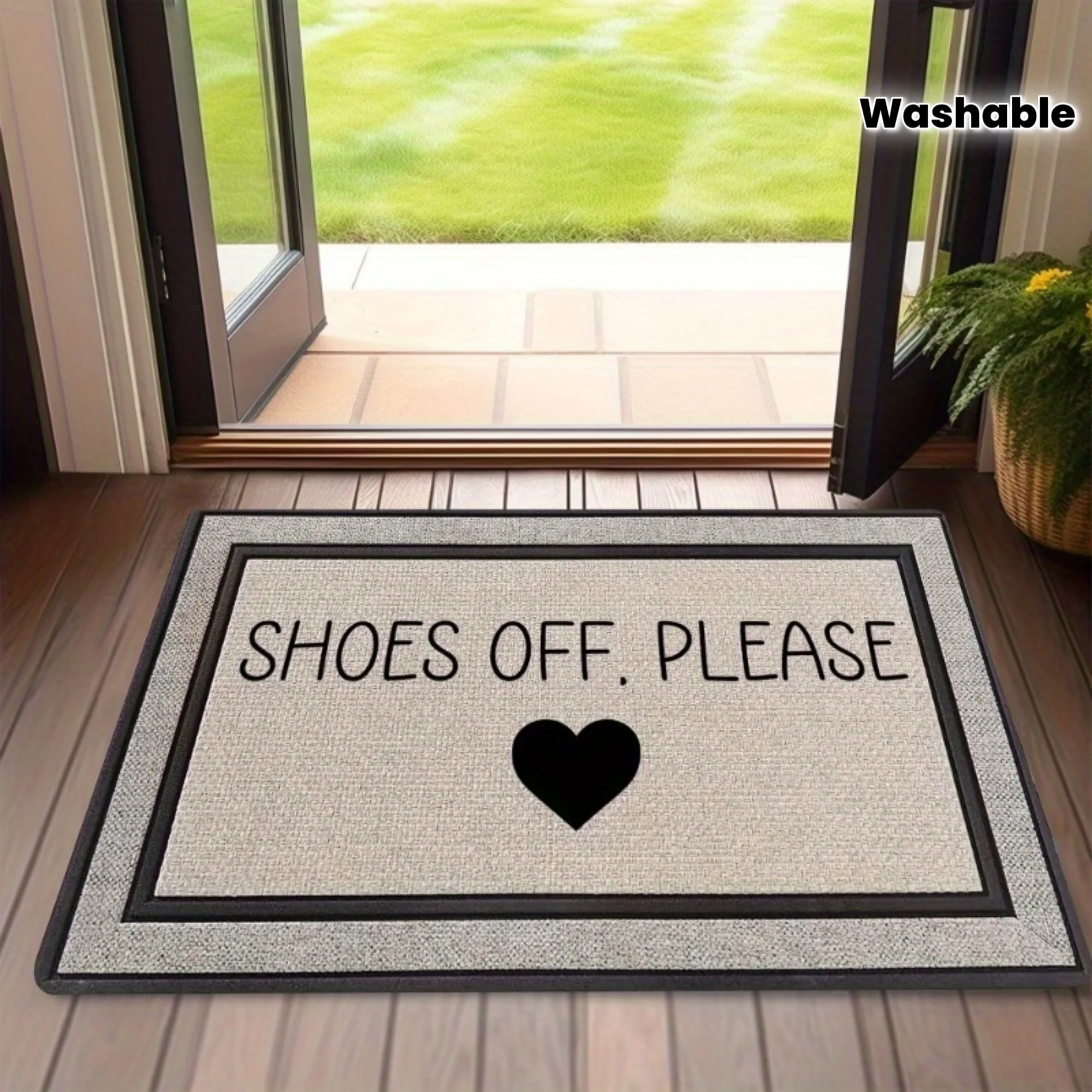 2D Flat Shoes Off Please Text Heart Border Flannel Door Mat Non Slip Polite Welcome Rug For Entryway Hallway Home Decor