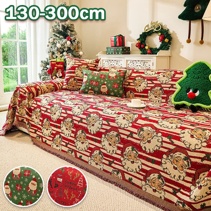 Vintage Christmas Sofa Throw Blanket Tapestry Santa Claus Print Couch Cover with Tassel  Holiday Seasonal Furniture Protector