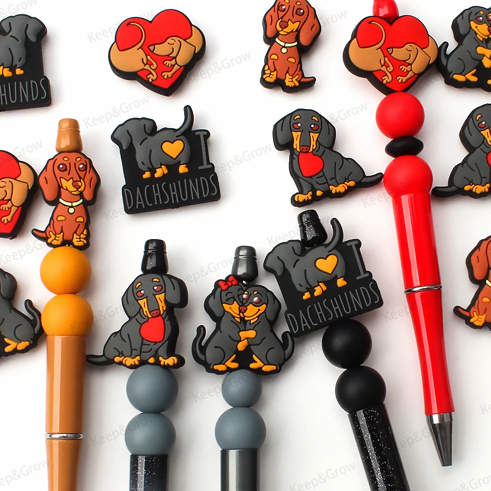 5/20/50Pcs Dachshund Themed Silicone Beads Heart Cute Focal Beads Couple Set for Pen Making Jewelry DIY Bracelet Keychain Decor