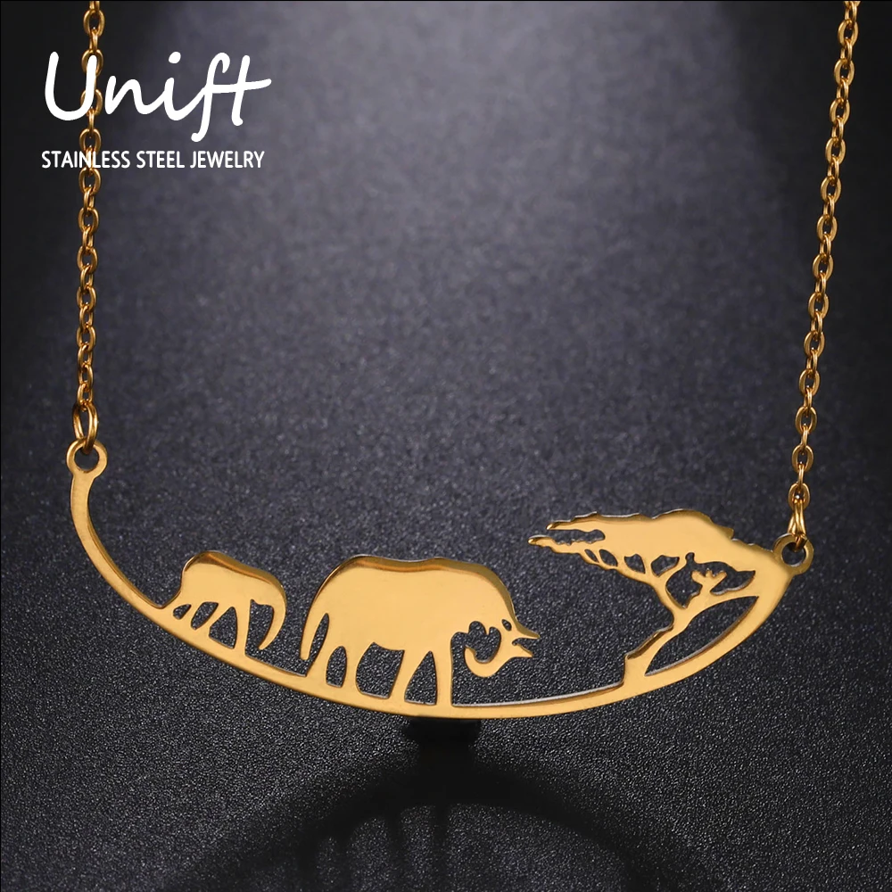 Unift Wildlife Safari Elephant Giraffe Necklace Stainless Steel Women Chain Africa Necklace Migrating Animal Jewelry Trendy 2024