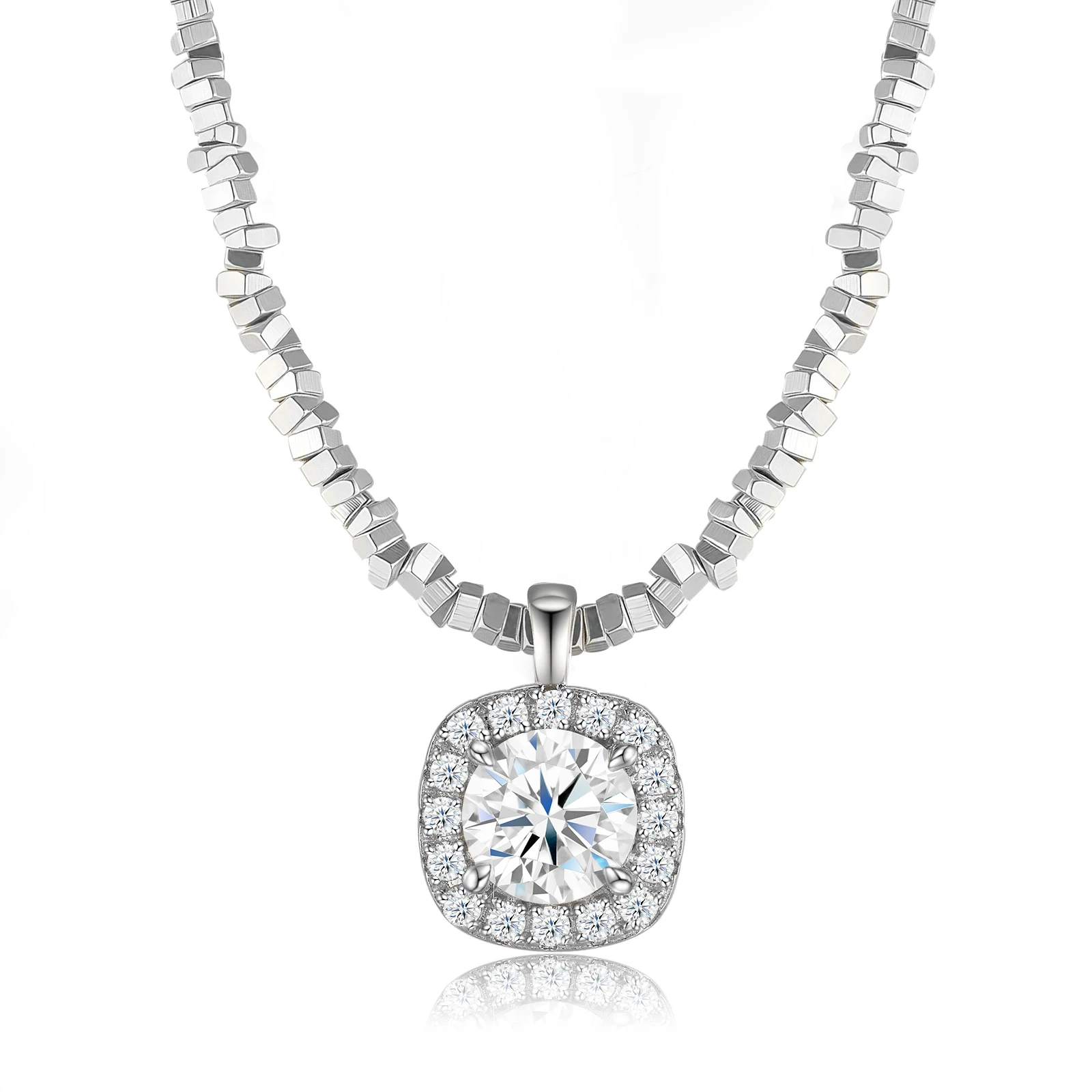 

JIUZUAN Sparkling Moissanite Square Pendant Necklace S925 Silver Plated 18K White Gold Luxury Polished Moissanite Necklace