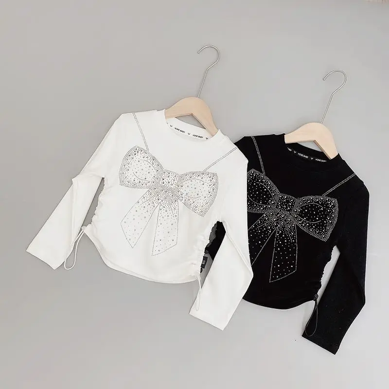 Kids Girls Rhinestone T-shirts Bow Printed Drawstring Crop Tops Black White 2024 New Spring Autumn Undershirts Korean Style