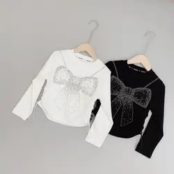 Kids Girls Rhinestone T-shirts Bow Printed Drawstring Crop Tops Black White 2024 New Spring Autumn Undershirts Korean Style