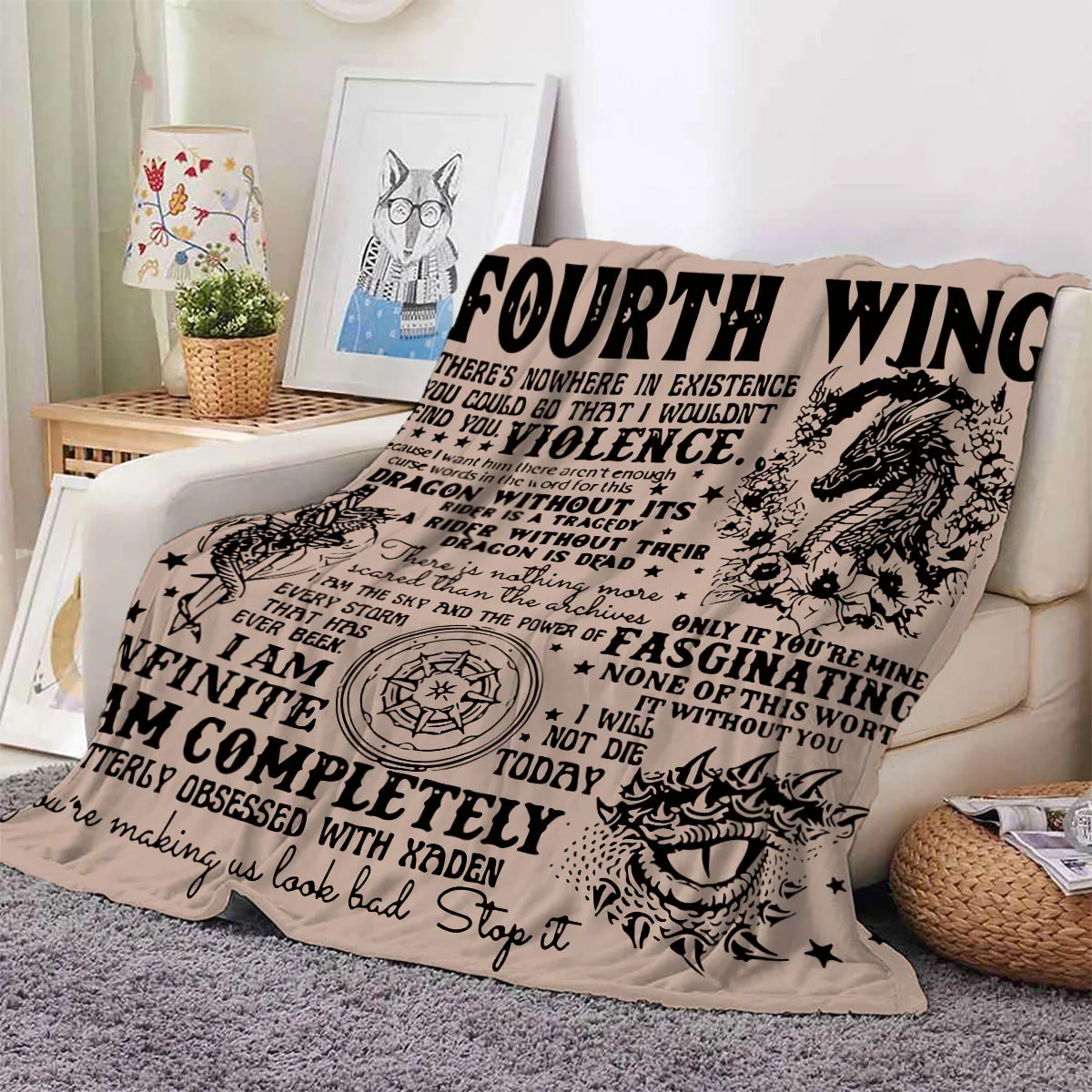 1pc  Fourth Wing Best Selling Novel  Print Thickened Flannel Blanket Warm Skin-friendly Soft Sofa Bed Blanket Machine Washable