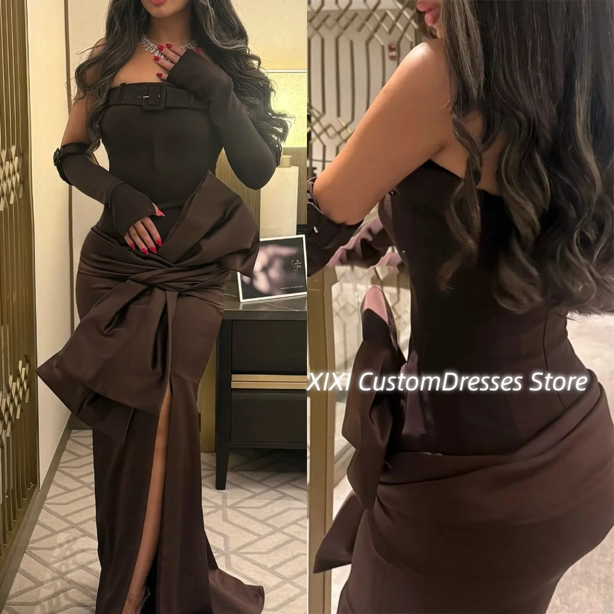 

Свадебное платье на заказ, женские вечерние платья без бретелек с разрезом, длиной до пола, с рюшами, на молнии, с длинными рукавами, для выпускного вечера Dre