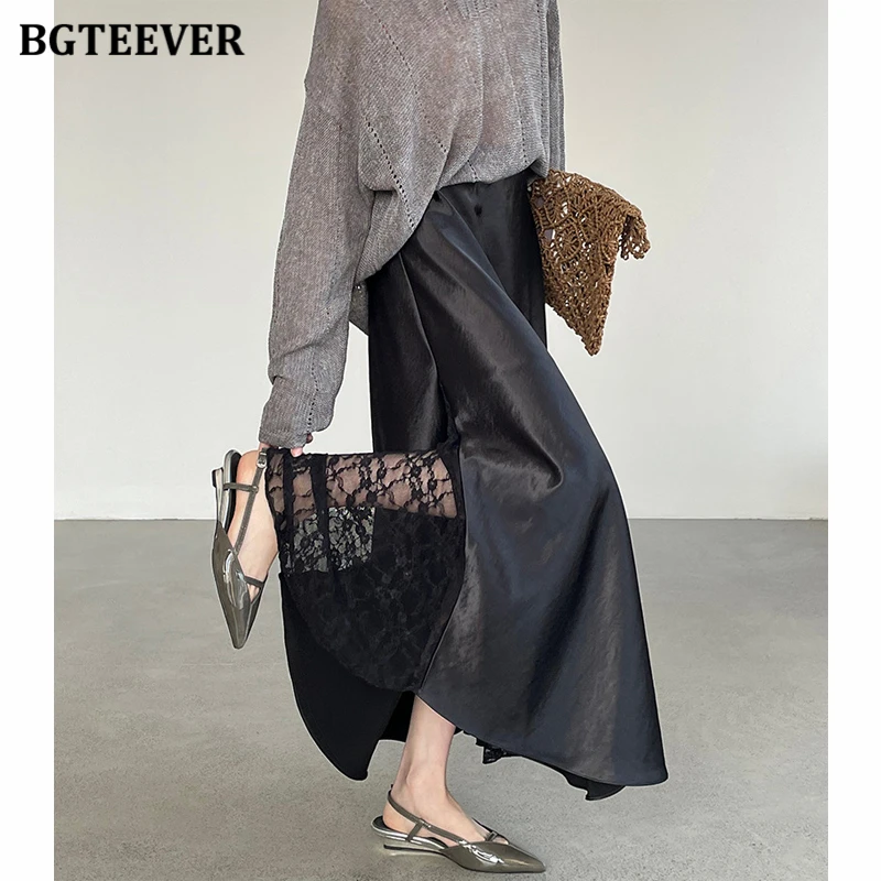 

BGTEEVER Satin Lace Skirt for Women Elegant Flowing Full Skirt