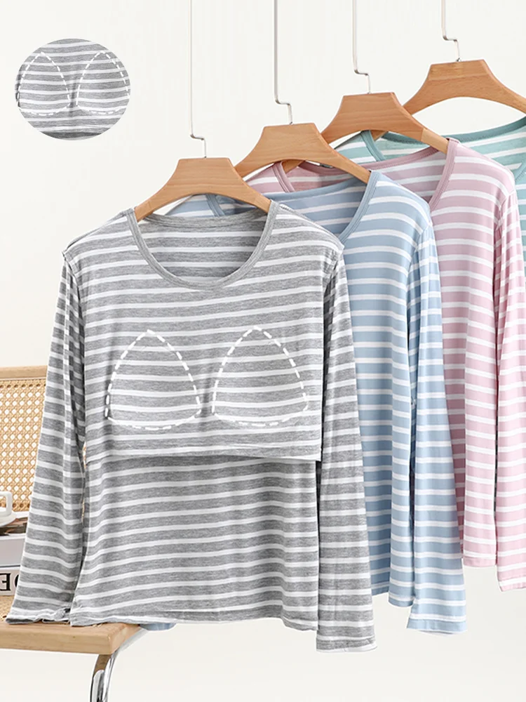 Plus Size Modal Long Sve T-Shirt Damen Spwear Inteated Cup Thin Home Base irt Casual Sle rund Ne Design