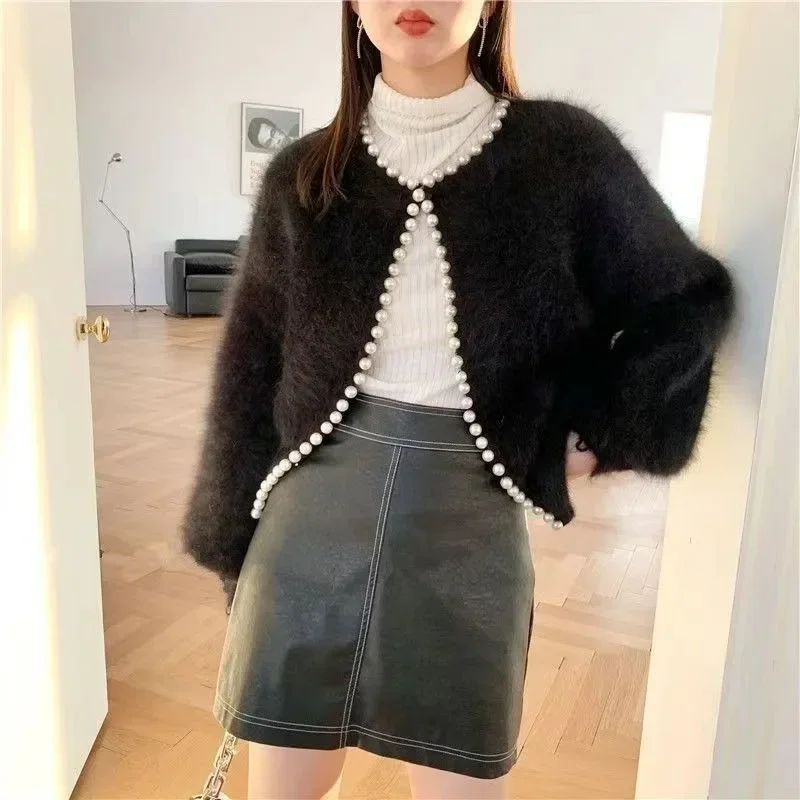 Spring Autumn New Fashion Ladies Pearl Knit Lantern Sleeves Imitation Mink Fleece Sweater Cardigan Jacket Women Korean Style Y2k