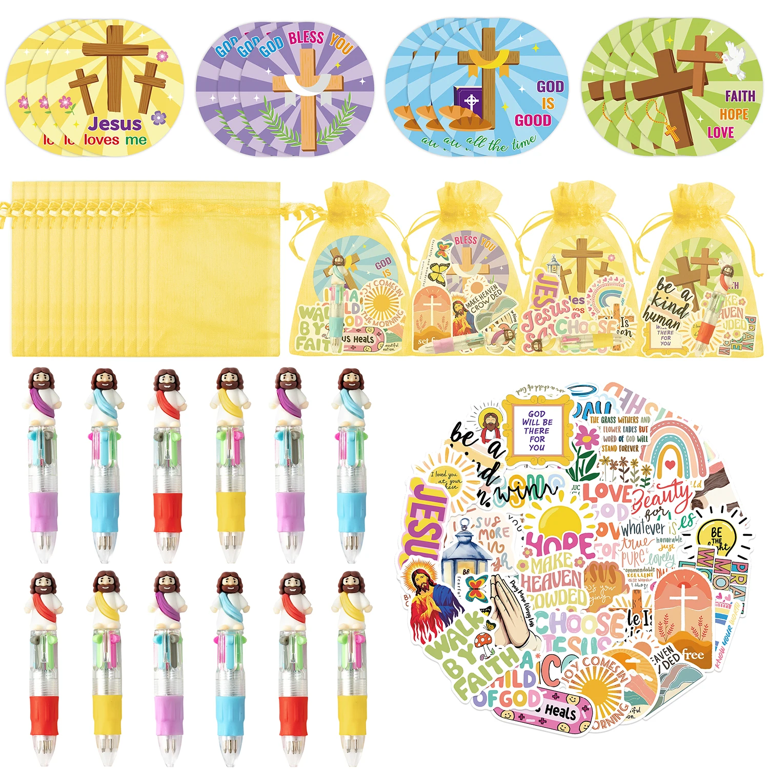 

Религиозные канцелярские принадлежности Иисуса, подарок, 12 компл., шариковые ручки «Иисус», 4 в 1, наклейка, липкая заметка, сумка из пряжи для вечеринки, наполнители для мешков с подарками