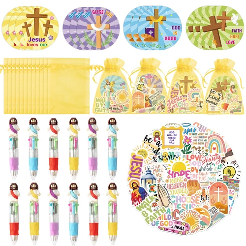Imagen 1 del producto Regalo de papelería religiosa de Jesús, juego de 12 bolígrafos de Jesús 4 en 1, pegatina, bolsa de hilo de notas adhesivas para rellenos de bolsas de regalos de fiesta