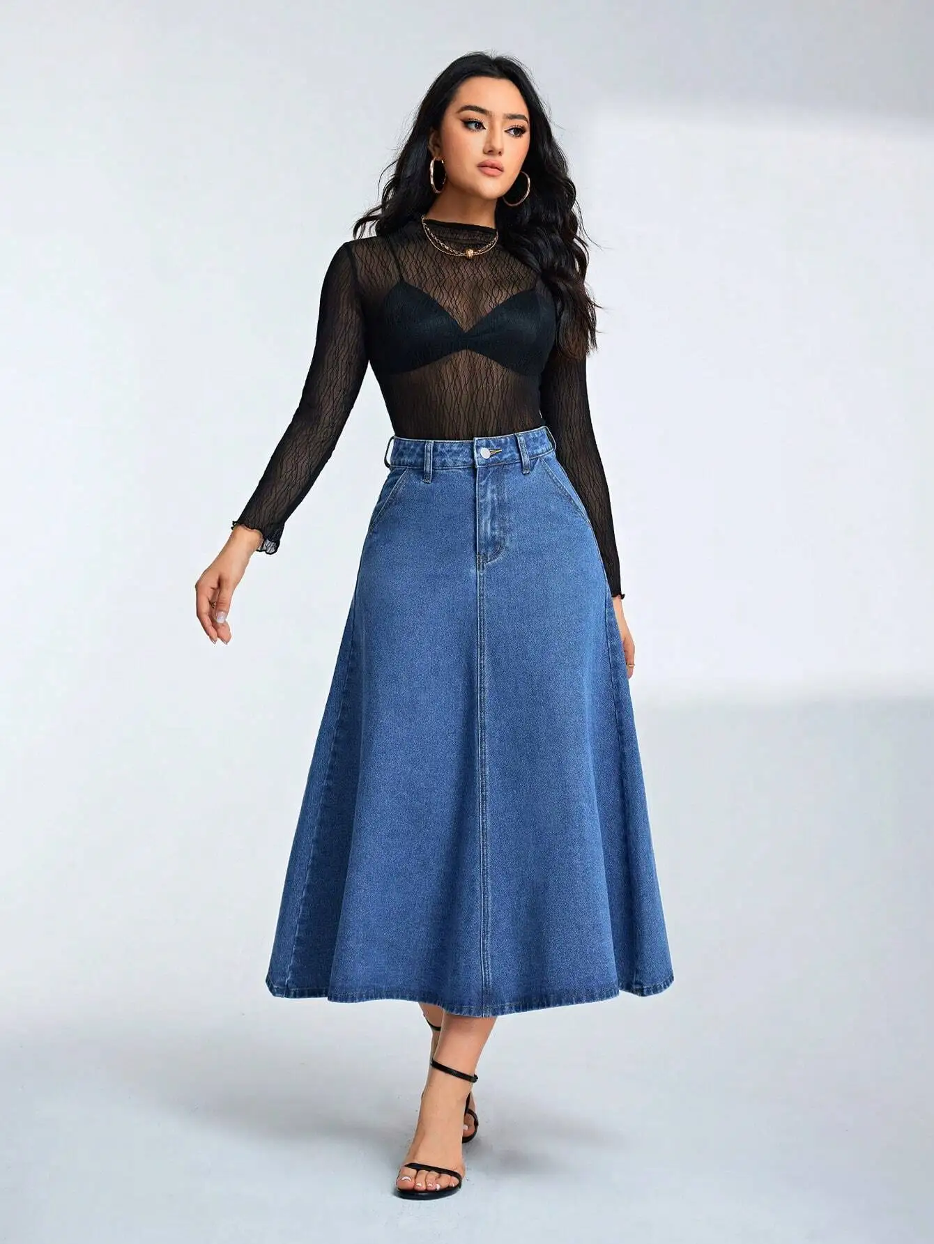 Damska dżinsowa spódnica midi z wysokim stanem, o kroju litery A, z przednim szwem.