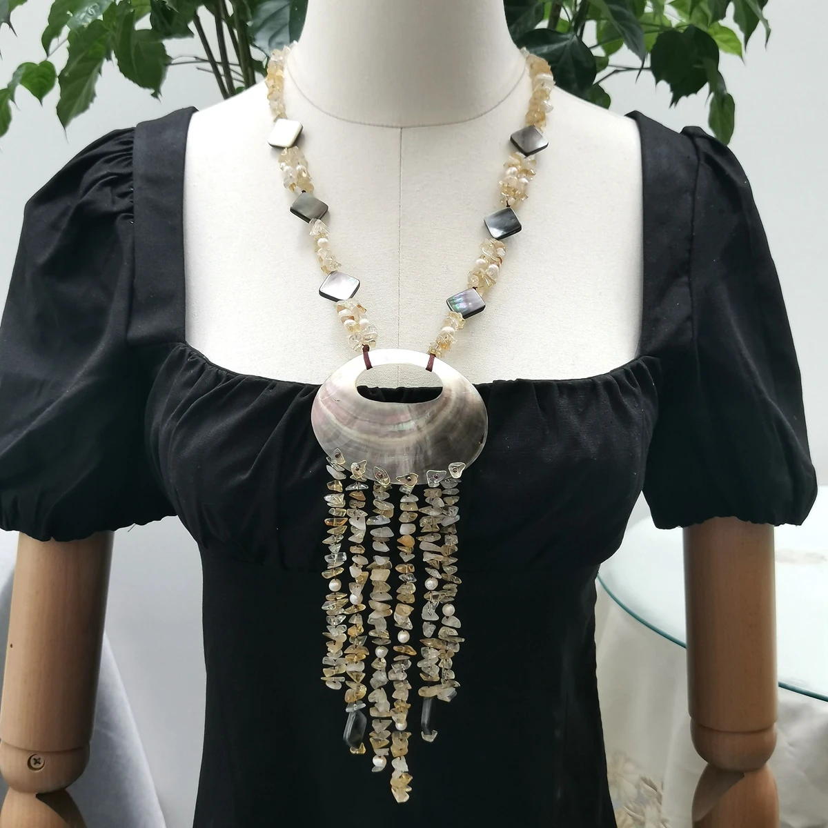 

Lii Ji Yellow Color Women Tassels Necklace 66cm Citrine Pearl Shell Women Jewelry Stock Sale