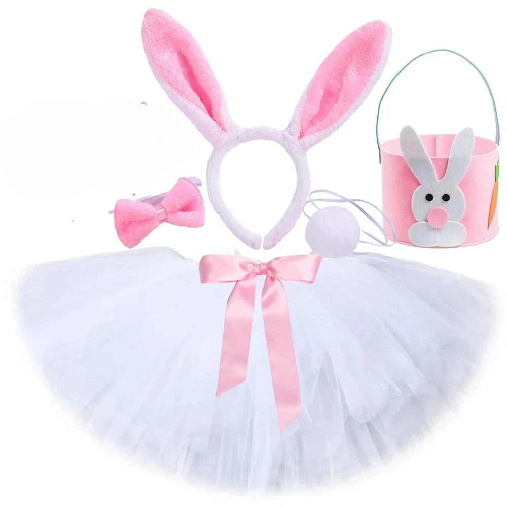 

Pink White Bunny Tutu Skirt Outfit for Easter Festival Costume Animal Rabbit Fluffly Ballet Tutus with Ears Tail