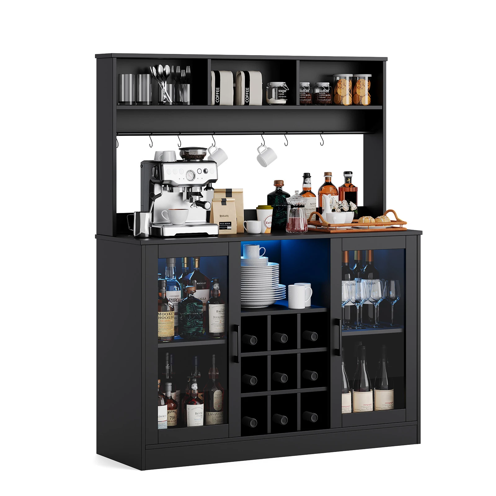 Liquor Cabinet Coffee Bar Cabinet with Power Outlet, LED Light, 6 Hooks, 9 Wink Racks and Adjustable Shelf, Wine Rack