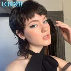 Lekker Mullet Cut Bob Short Pixie Human Hair Wigs With Bangs For Women Brazilian Remy Hair Full Machine Natural Wolf Wave Wigs