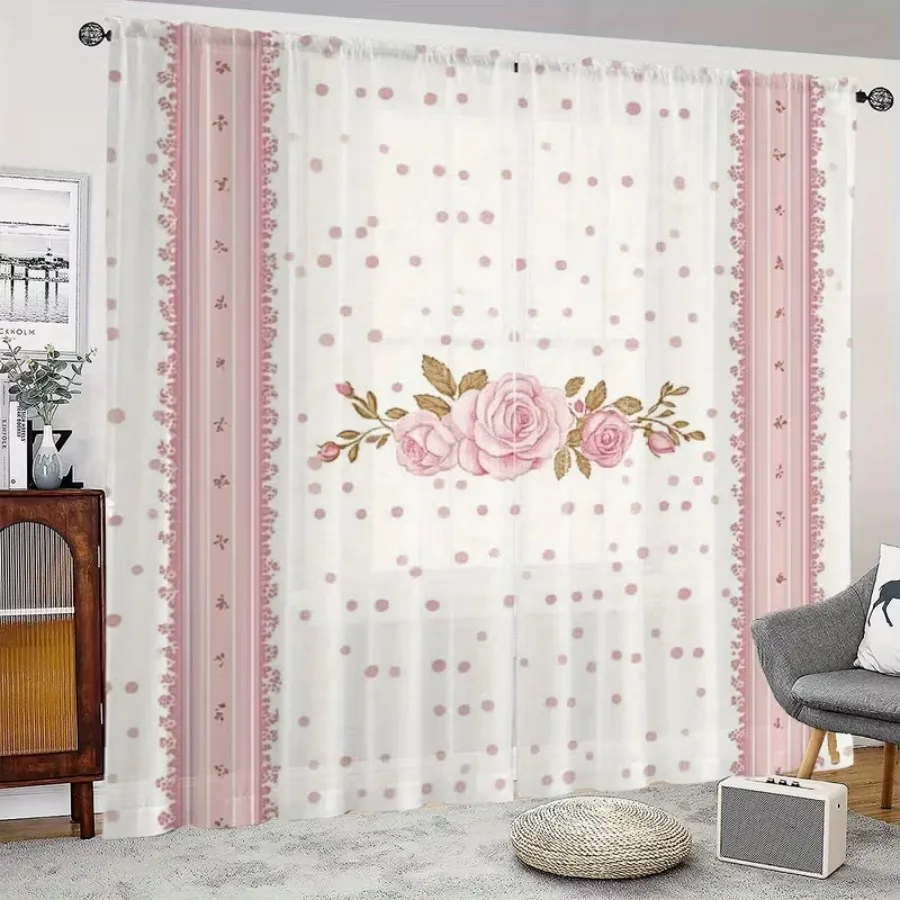 2PCS Digital Print Sheer Curtains, Polka Dot Pink Roses, Vintage Romantic Shabby Chic for Bedroom Living Room Home Decor