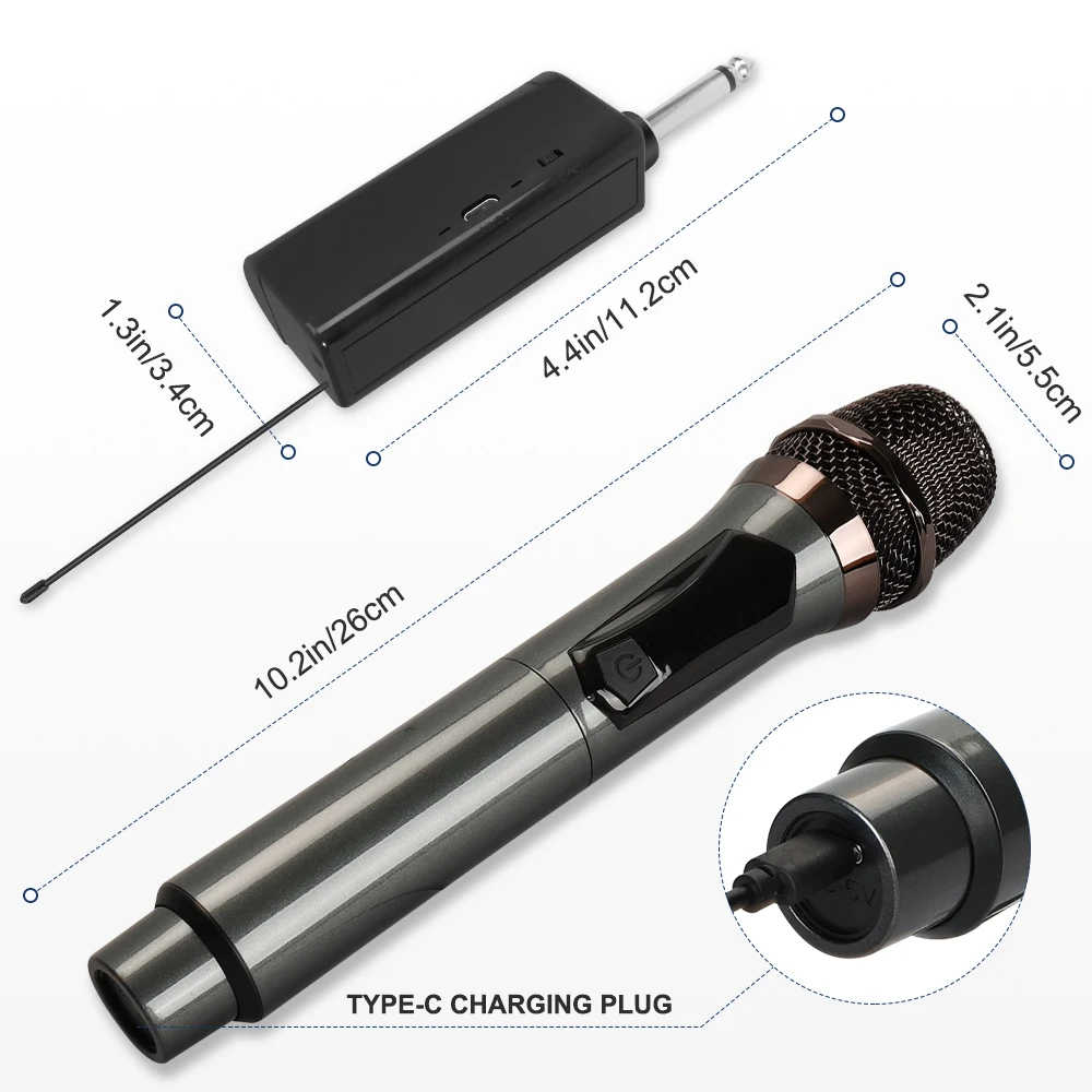 ميكروفون لاسلكي 2 قنوات UHF ميكروفون ديناميكي مزدوج محمول باليد مع بطارية 2000mah قابلة للشحن لأمبير كاريوكي الزفاف PA