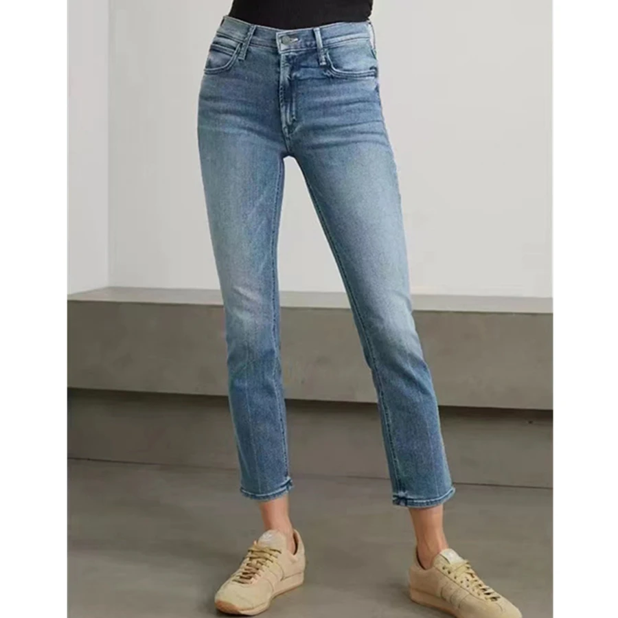 Maxdutti French Minimalist Nostalgic Light Blue Slim Fit Pencil Jeans High Waisted Tight Fitting Cropped Jeans For Woman Clothes