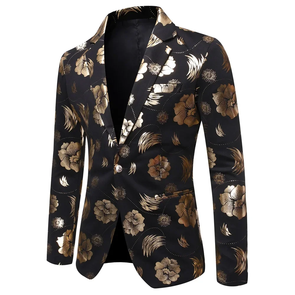 New Men's Single Suit Coat Hot Stamping  Spring Fashion Handsome Trend Casual Print Business Performance Dress