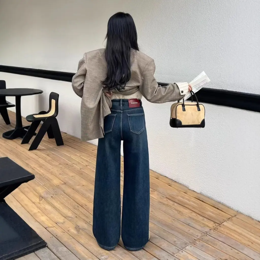 

Zedai Jia Yi женские утолщенные облегающие широкие брюки на флисовой подкладке, винтажные зимние прямые джинсовые брюки