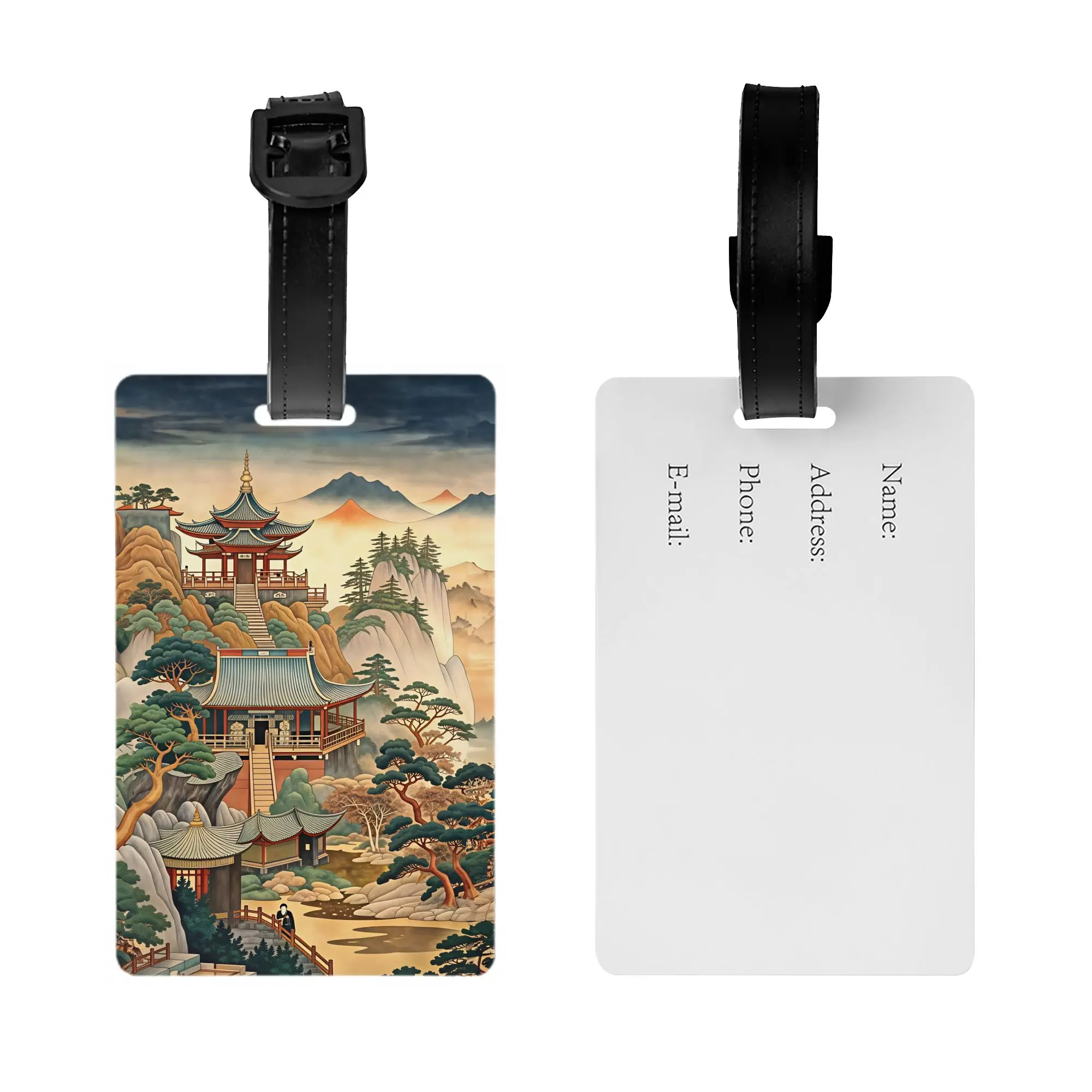 Oriental Cliff Temple Pine Mountain Zen  Luggage Tag Custom  Baggage Tags Privacy Cover ID Label