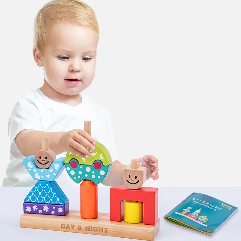 Bloques de construcción Montessori creativos de madera para día y noche, divertidos juguetes de entrenamiento sensorial, cognición de Color, interacción entre padres e hijos