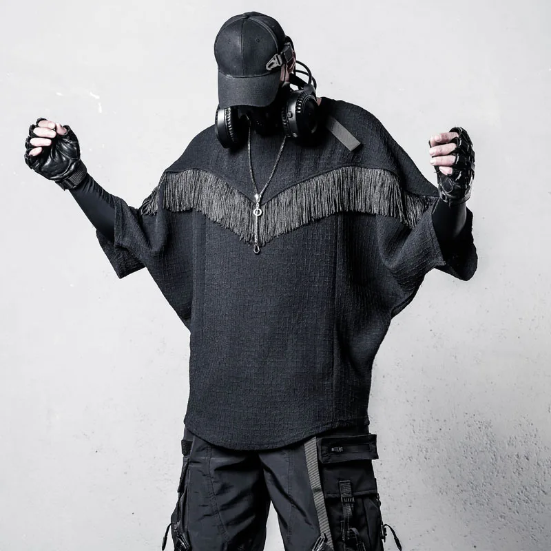 Designer Design Stitching Tassel Batwing Sleeve T-shirt Men's Summer Dark Style Profile Pu Handsome High-Grade Top