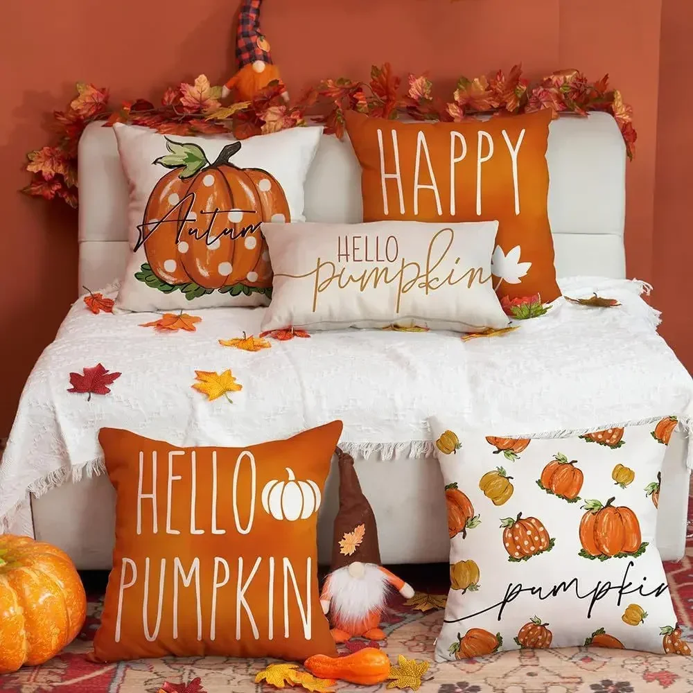 Thanksgiving Cushion Cover ,Linen Pumkin Maple Leaf Autumn Decorative Pillow Covers ,Cushion Covers for Sofa Chair