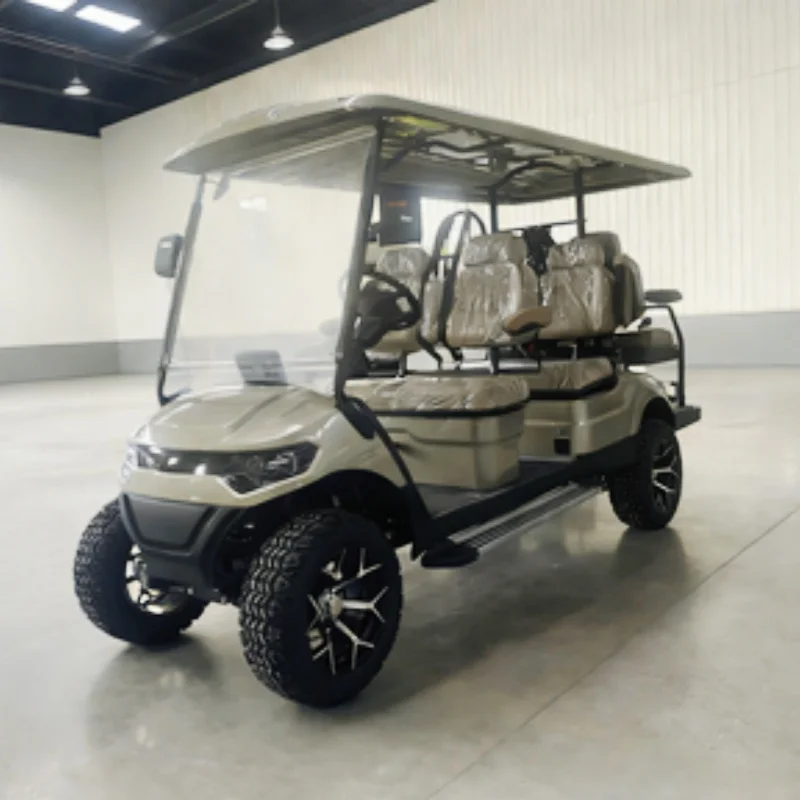 Off Road Electric Golf Cart Shuttle Bus 6 Seater Golf Car 10 Inch Screen With Brown High-End Seats With Armrests Gear Adjustment