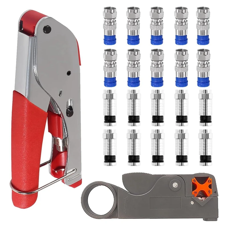 Coax Cable Crimper Tool Kit With 20Pcs F Type RG59 RG6 Compression Connectors Coaxial Cable Stripper