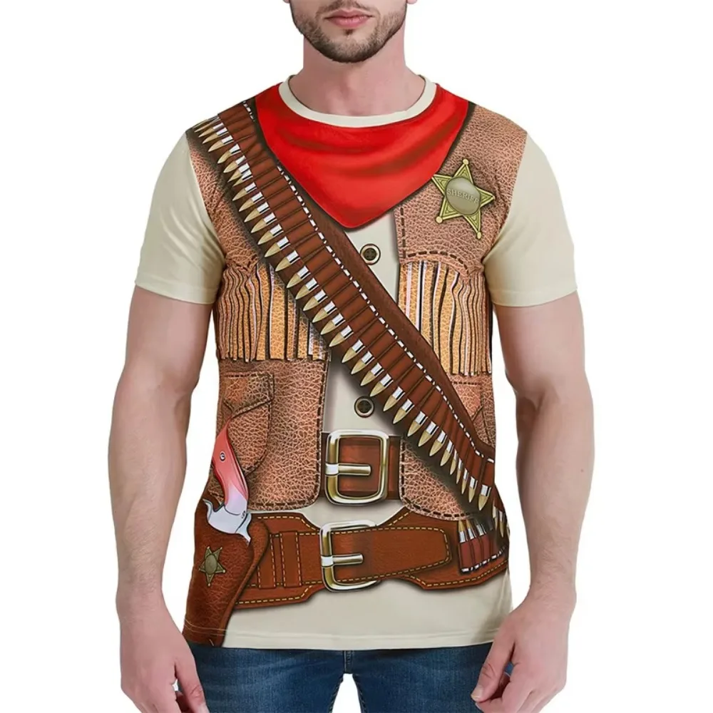 Western Cowboy Sheriff Pattern 3D Printed Men's T-shirt Loose Comfortable Casual Breathable Quick-drying for Outdoor Cosplay Top