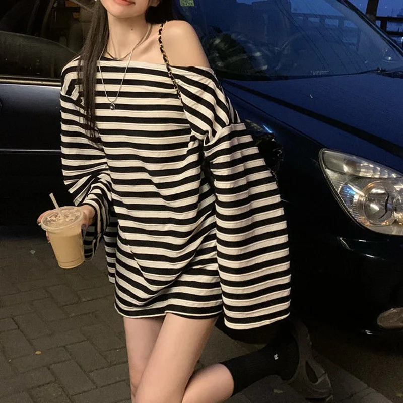 Off Shoulder Trend Sexy Loose Mid Length Top Striped Long Sleeve T-Shirts Female Autumn Korean Pullover O-neck Top Tee Women's