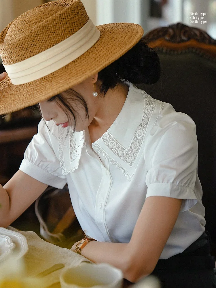 

Retro Bamboo Fiber Embroidered Ruffle Collar Short Sleeve Women's Shirt Spring Summer New Style Commute Style Straight Cut