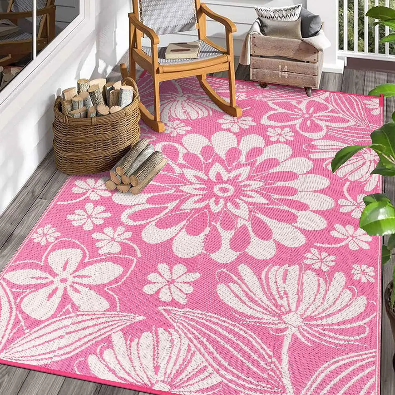 

Outdoor Plastic Straw Rug 6x9ft Funny Floral Style Reversible Patio Area Rugs Waterproof Non Shedding Portable Carpets for Rv