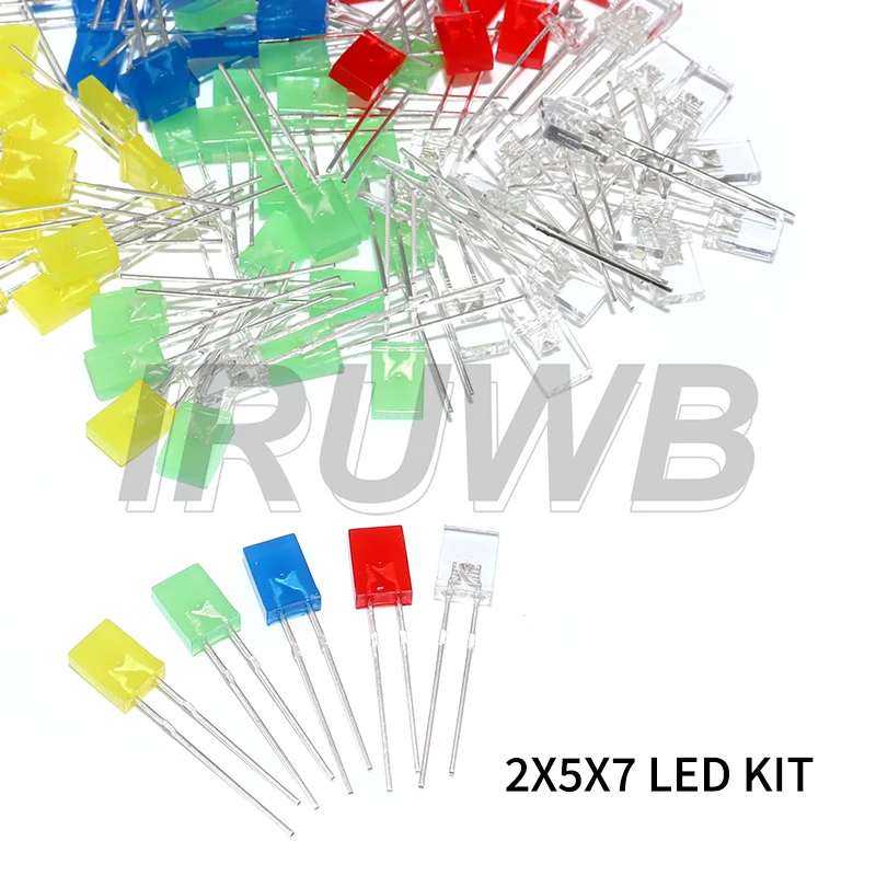 100pcs 2X5X7mm 5 Colors  Square 2*5*7mm LED Diode Red Yellow Green Blue White LED Light-emitting Diode Kit for DIY Electronic