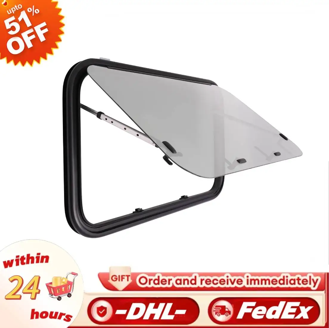

Black and White 90×55cm RV Exit Window Tempered Glass and Aluminum Alloy and Rectangular Push Out Window with 4 Practical Handle