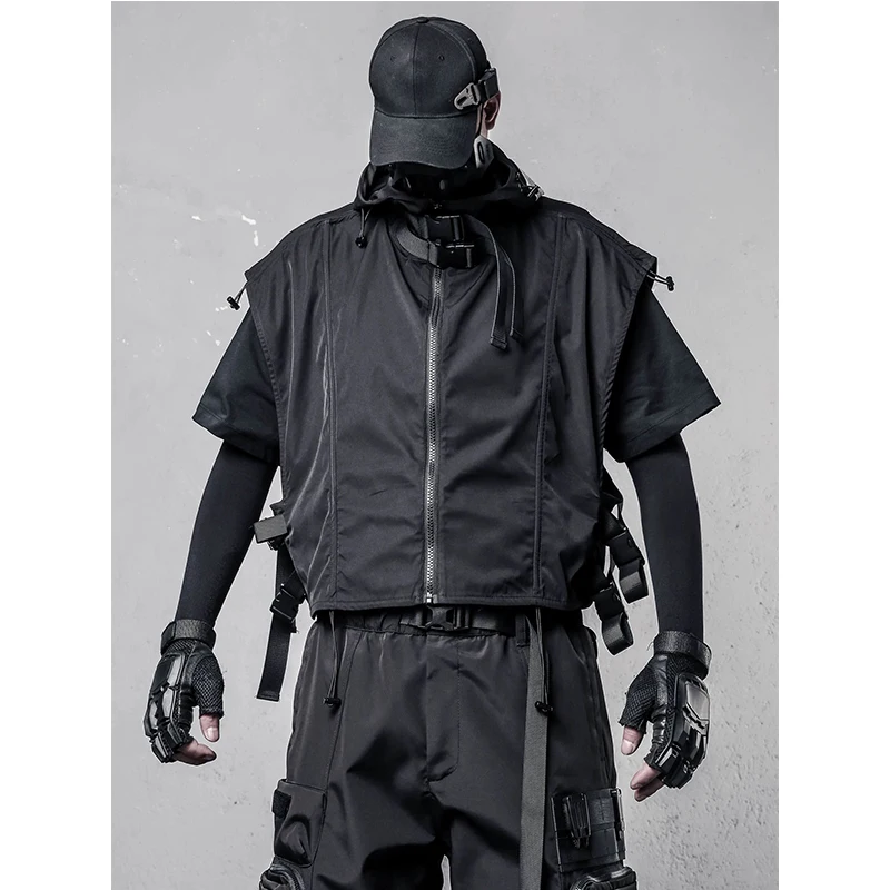Tactical Function Ribbon Patchwork Design Cargo Vest Man Clothing Techwear Style High Street Hooded Sleeveless Tops chalecos