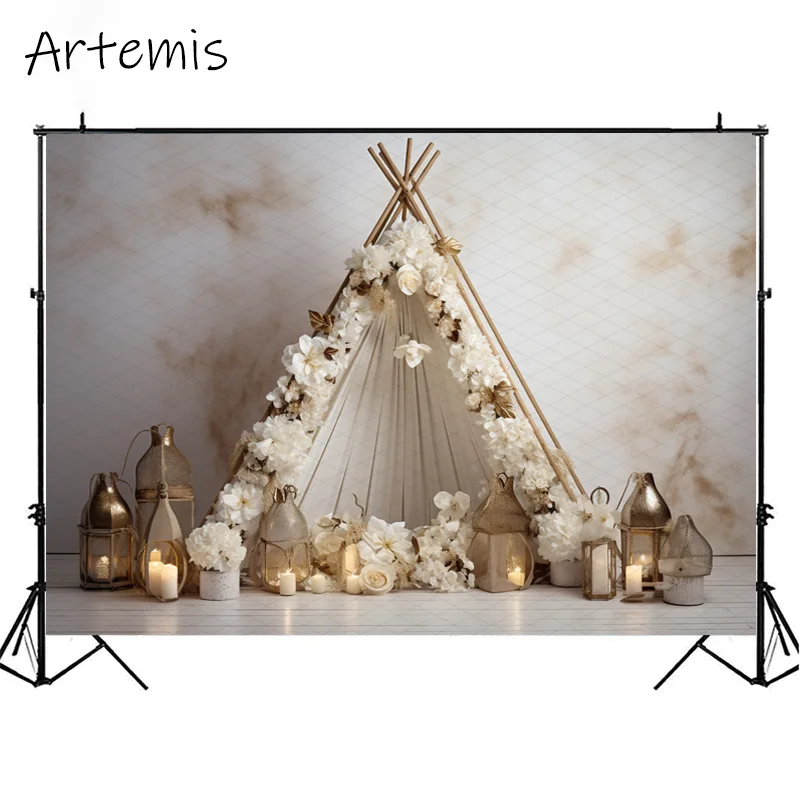 Valentine's Day Backdrop Flowers Teepee Heart Decoration Light White Gold Children's Birthday Portrait Background Photo Studio