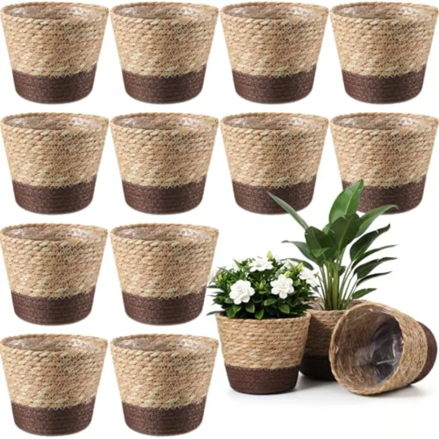 

Pcs Wicker Plant Basket with Plastic Liners Woven Stylish Planter Baskets Bulk Indoor Outdoor Seagrass Plants Woven Wicker Bask