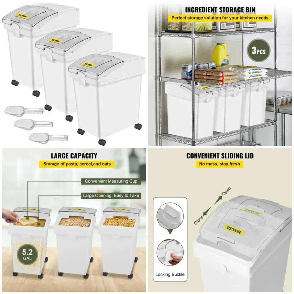 

5.2 Gal PP Flour Bin Set, 3 Pcs, Wheeled with Scoop & Sliding Lid, White Storage Bins