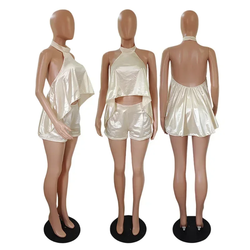 GUWU Satin Sexy Open Back Loose Asymmetrical Halter Crop Top and Shorts Suit Matching Two Piece Set Women Sexy Party Outfits