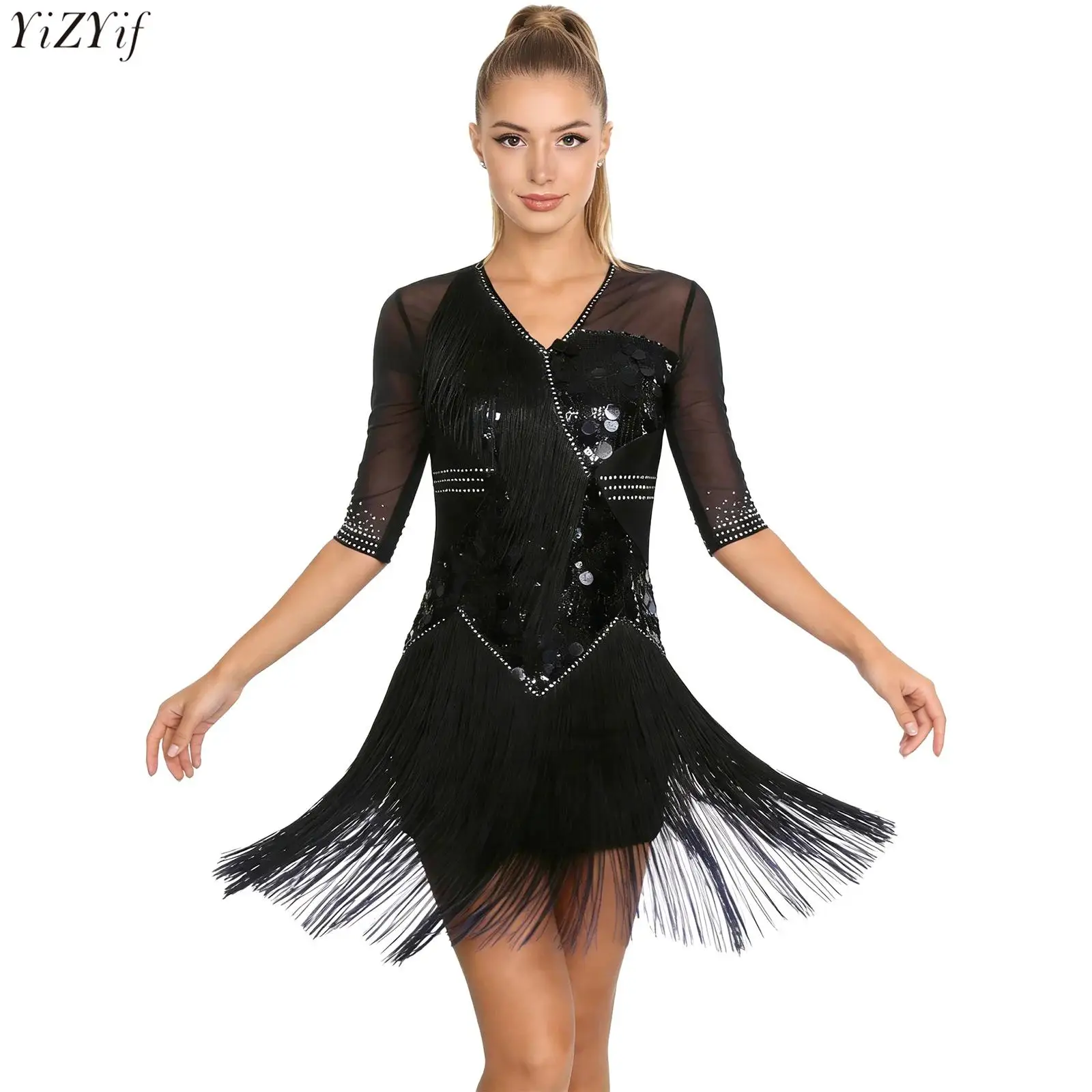 

Женское платье для латинских танцев ча-ча, модное платье с блестками и стразами, v-образным вырезом, с половиной рукавом, многоуровневое платье с кисточками, одежда для бальных танцев, танго, сальсы