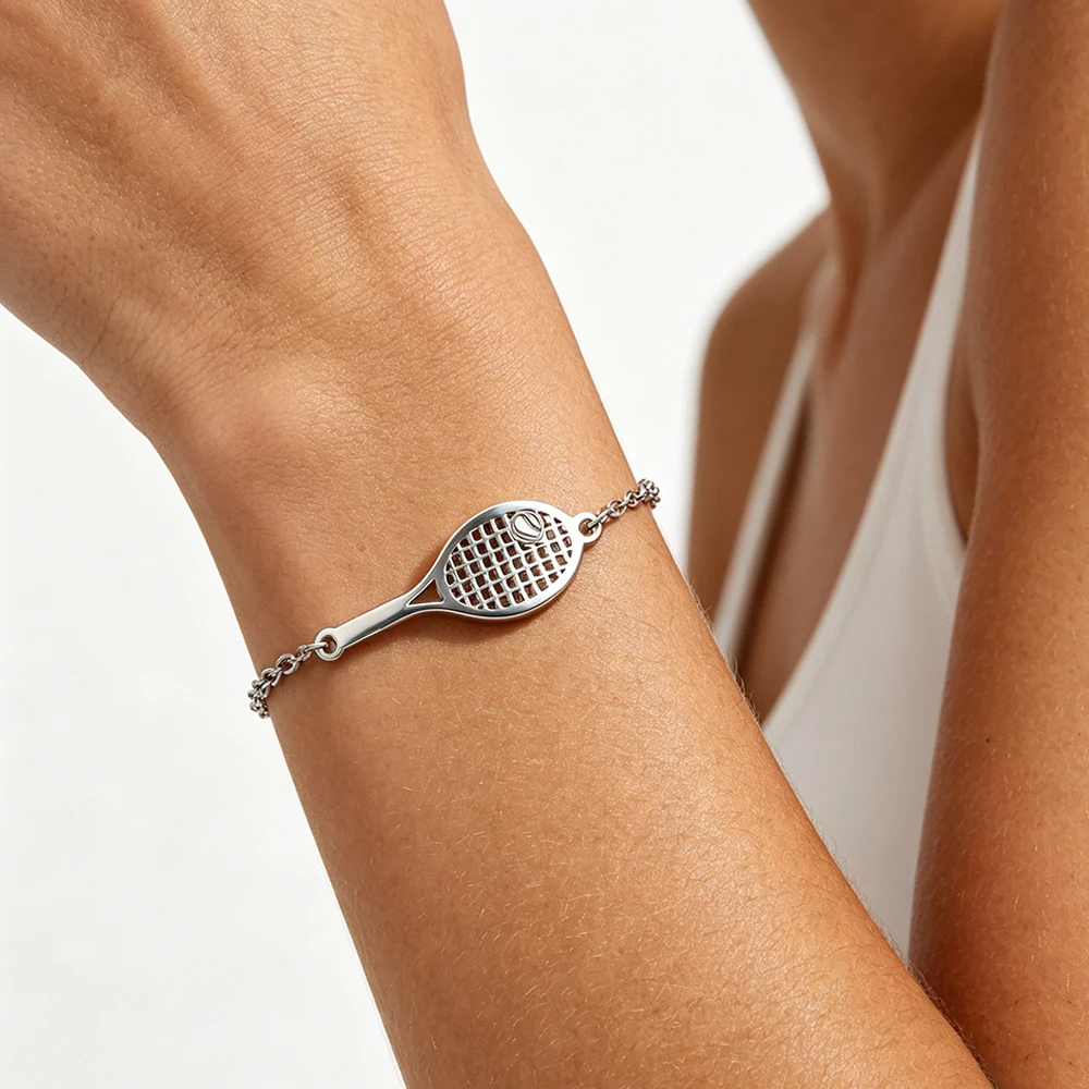 Tennisschläger-Charm-Armband für Damen und Herren, Minimalistisches Edelstahl-Tennisliebhaber-Armband, 2-Lagige Gliederkette, Schwarz-Rotes Seil-Handgelenkschmuck