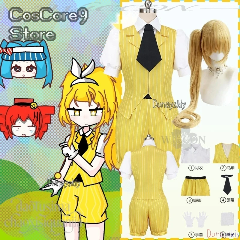 Cosplay Anime Game Project Sekai Akitata Neru Mesmerizer Uniforme d'Idole Gilet à Rayures Jaunes Court Y2K Perruque à Queue de Cheval Unique Halloween