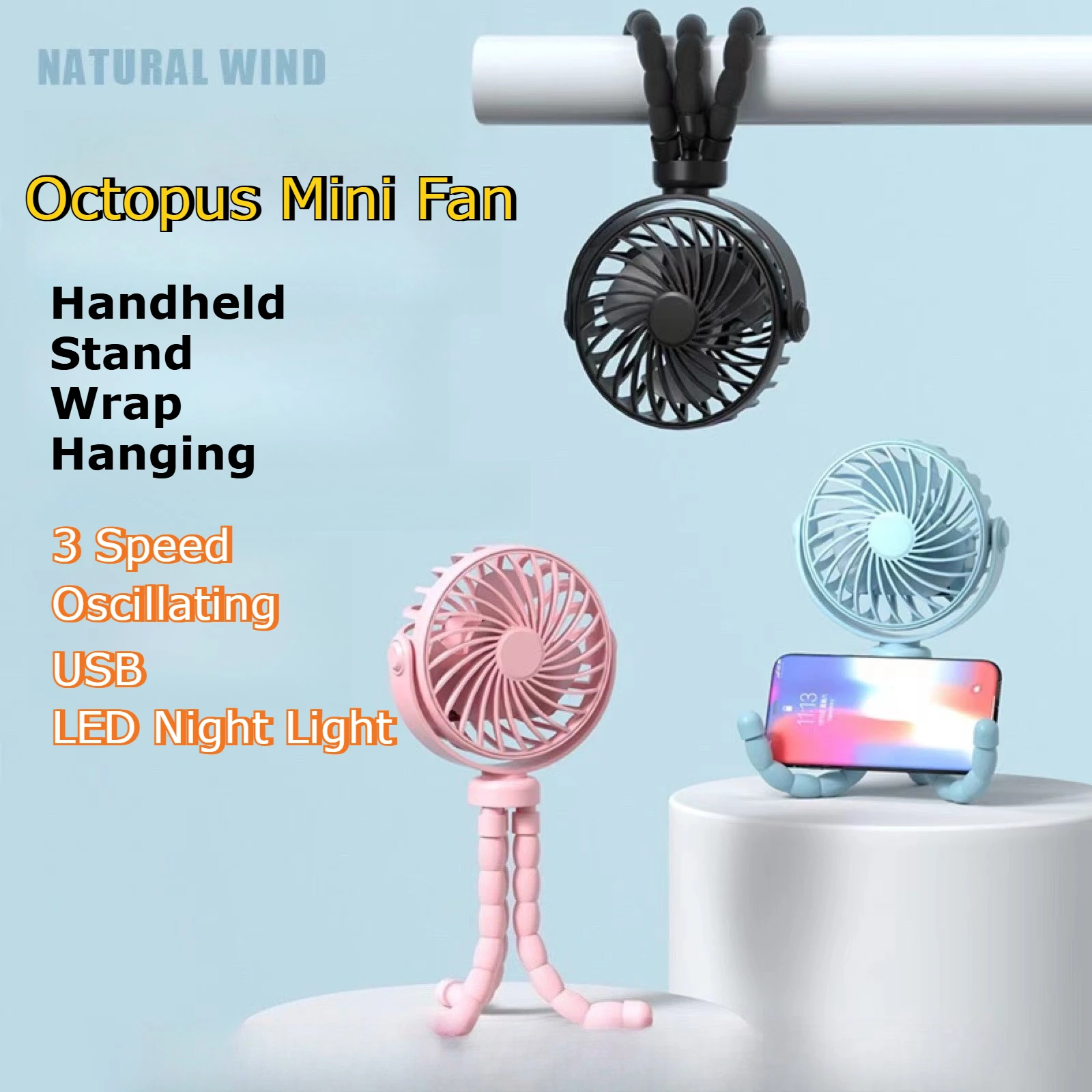 

Octopus Mini Fan Handheld Stand Wrap Hanging Oscillating 3 Speed LED Night Light Portable Foldable USB Fan for Baby Stroller